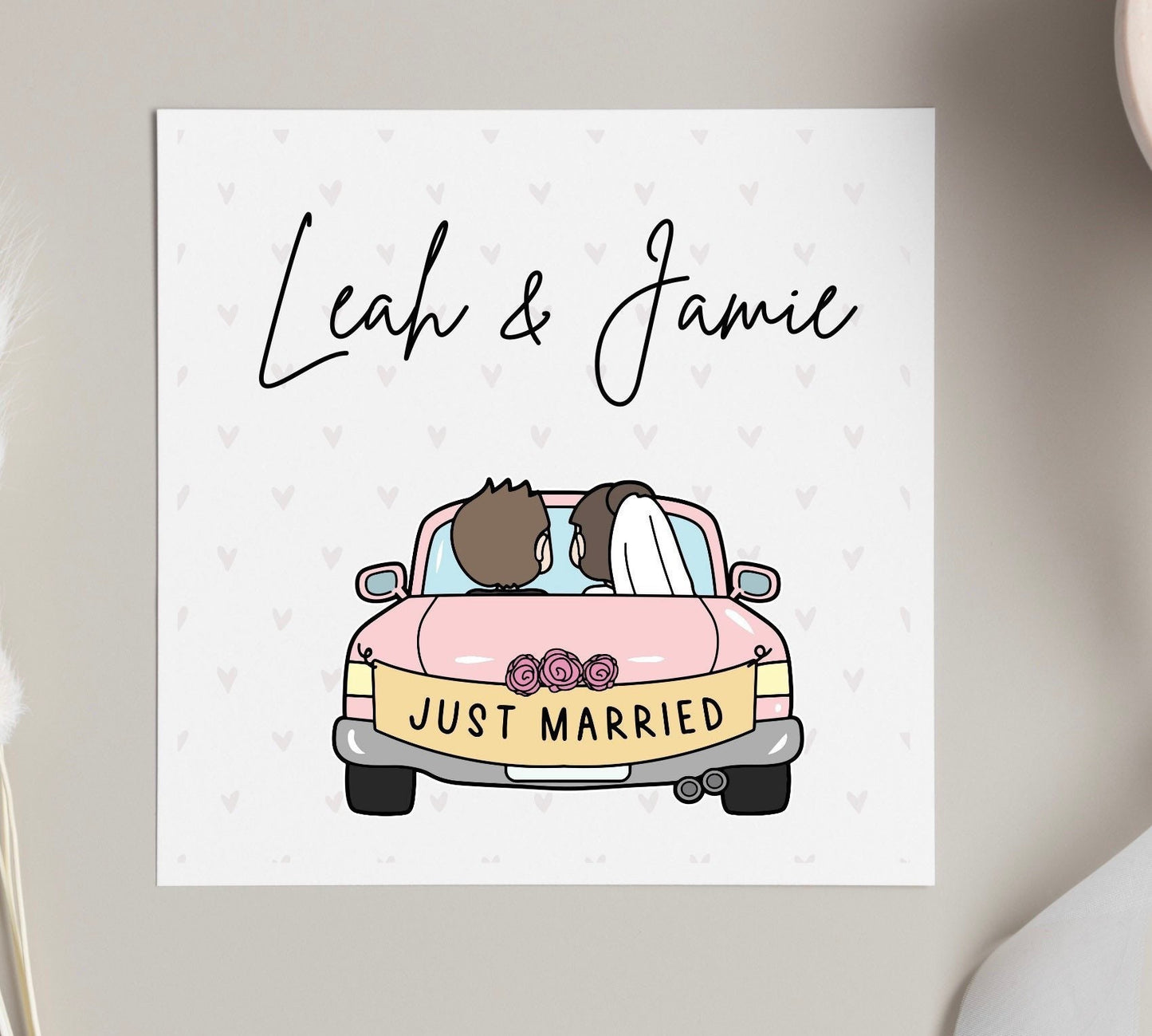 Just married wedding car card, personalised wedding day card for friends, daughter or son newlyweds
