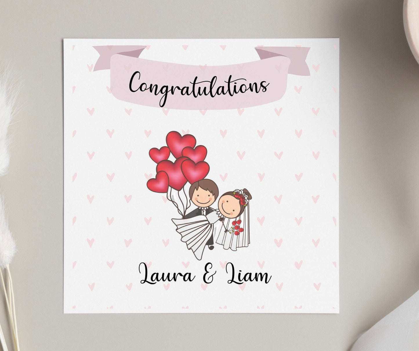 Congratulations on wedding day card, personalised wedding card for friends. Bride and groom couple cards