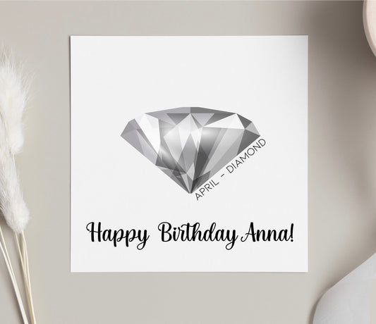 April birthday card, Diamond gemstone birth month card, birthday card for her, friends and family bday cards