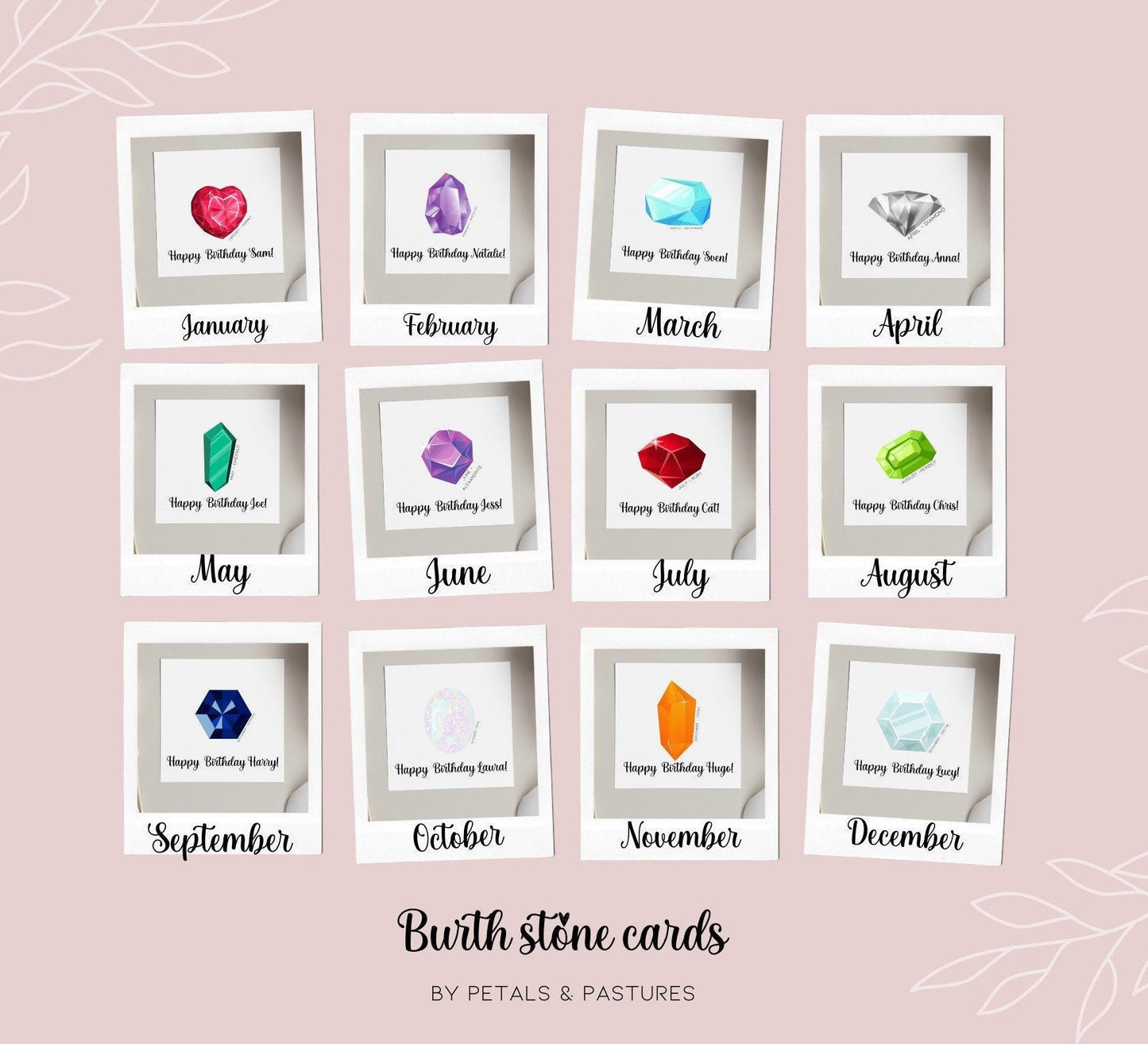 Birthstone birthday card, gemstone birth month card, personalise bday card for her, friends and family bday cards