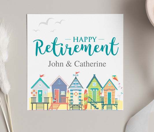 Happy retirement card, personalised colleague retiring cards, retire by the sea card, beach hut design, friend retirement