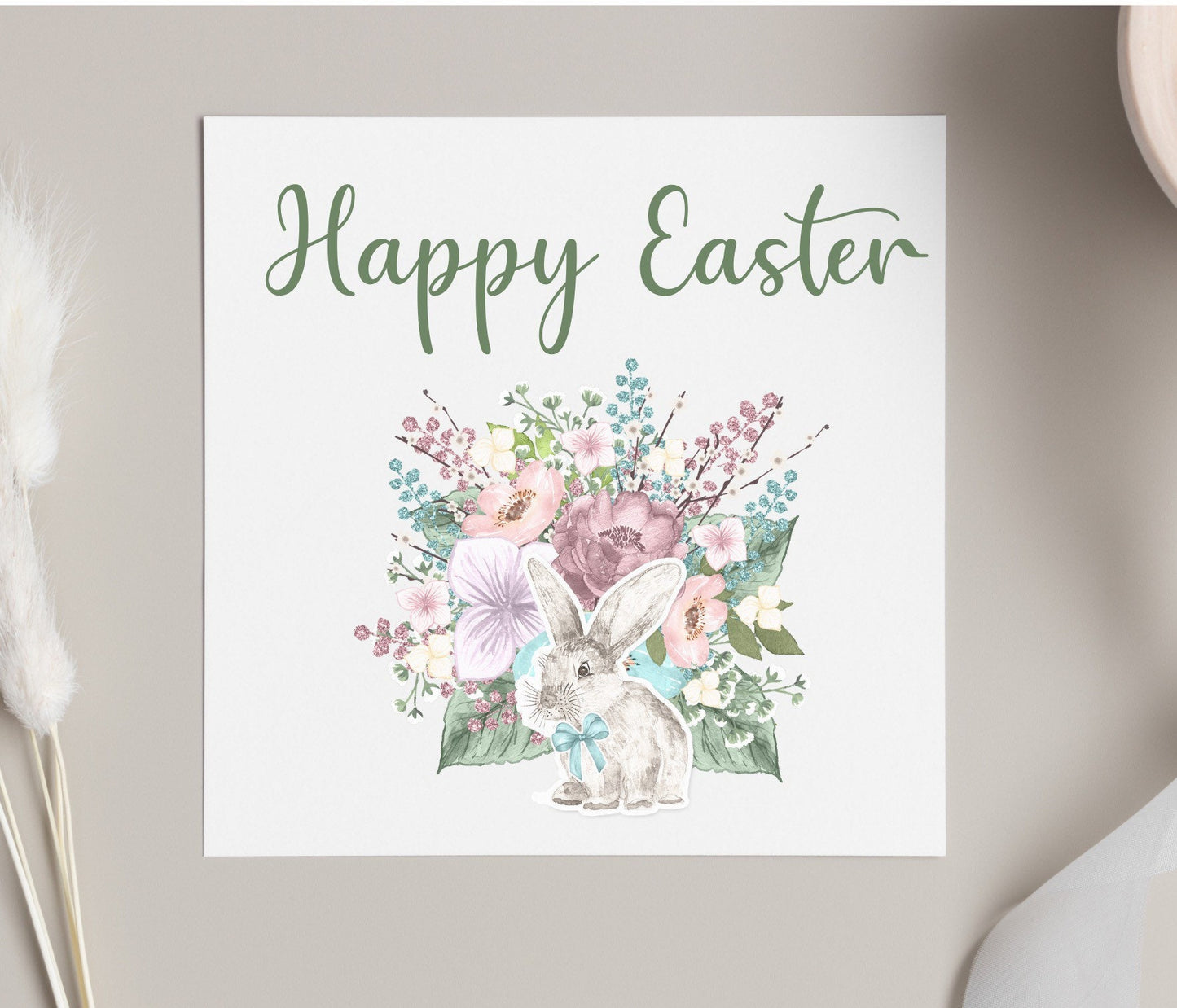 Happy Easter Greetings card, bunny rabbit floral design Easter card for children and adults, spring cards, botanical cards for Easter