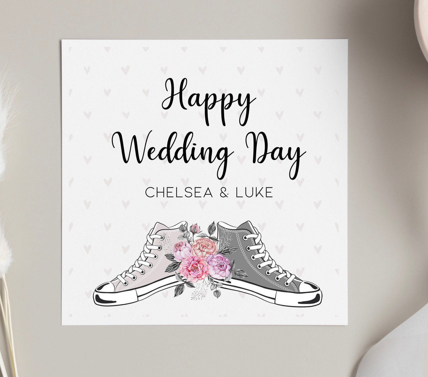 Happy wedding day card, personalised wedding card for friends. Bride and groom wedding day trainers design