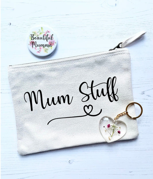 Mum gift set, Mum stuff pouch, mum birthday gift or new mum present with pocket mirror, floral resin keyring, pouch bag