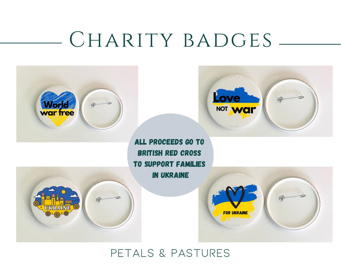 Love for Ukraine badge, stand with ukraine badges, world war free, donating profits to British Red Cross charity