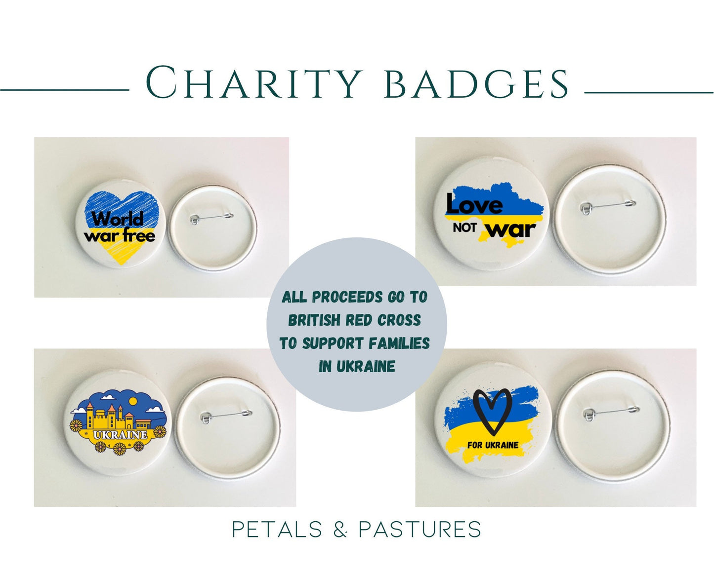 Love not war badge, stand with ukraine badges, world war free, love to ukraine, ukraine flag badge, peace charity badges