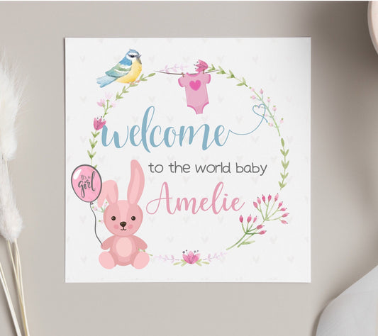 Welcome to the world baby girl, personalised new baby card, it’s a girl card, pretty and girly baby cards, congratulations new baby girl