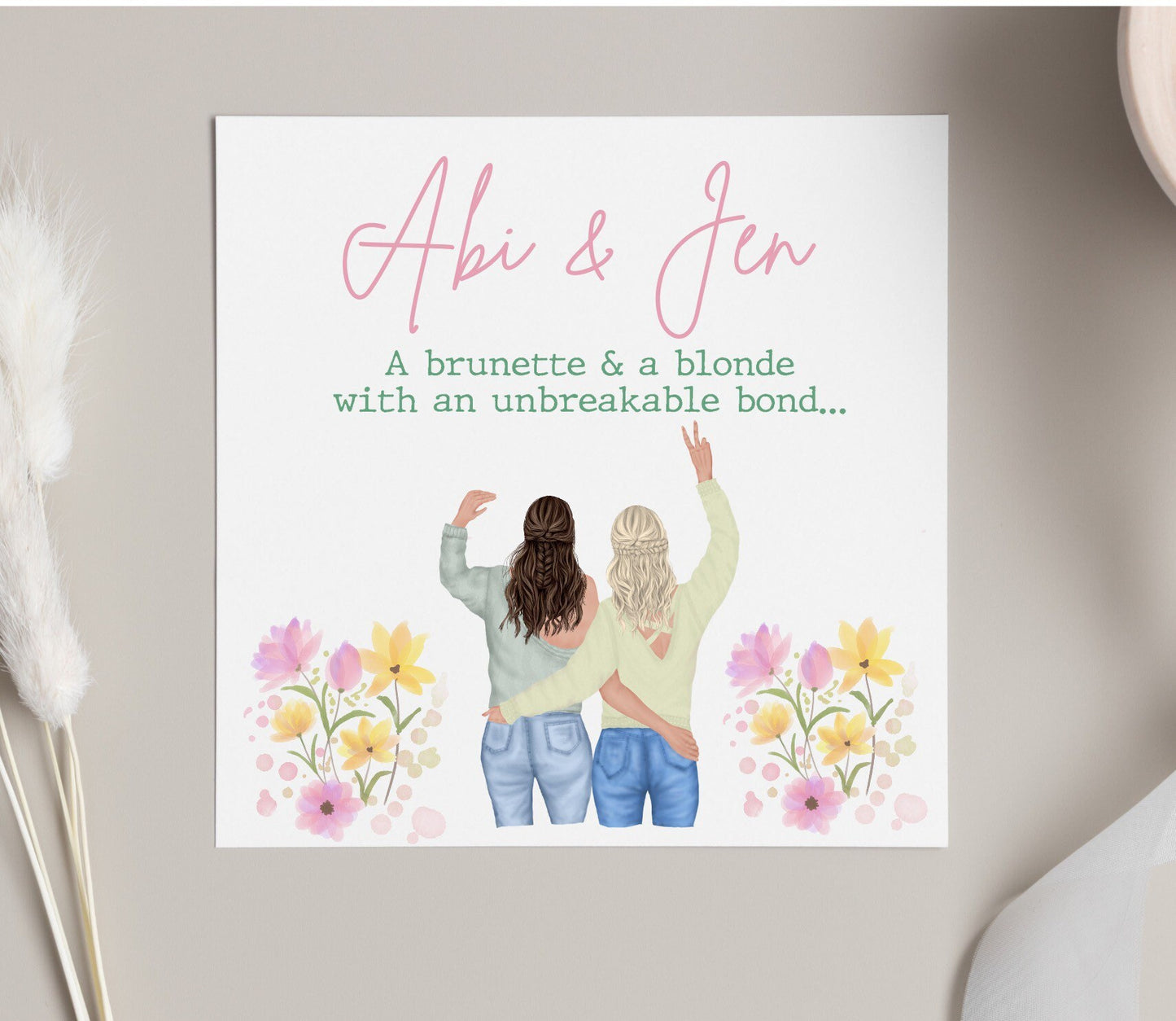 Brunette and blonde with an unbreakable bond, girly friendship cards for besties birthday, miss you friend card, floral pretty design