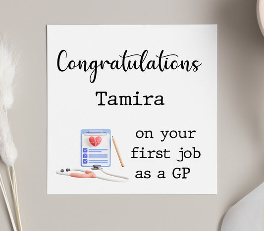 Congratulations on first GP job, personalised new doctor GP card, card for newly qualified doctor first NHS job
