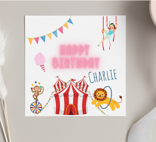 Circus theme birthday card, personalised kids card for grandchildren birthdays, playful circus animals and acts