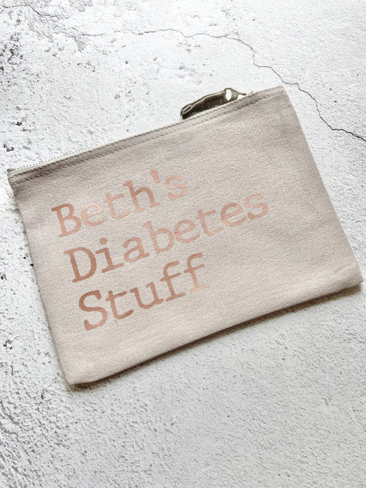 Diabetes stuff bag, personalised diabetes medicines case, insulin case for school, type 1 diabetes meds bag, rose gold bag