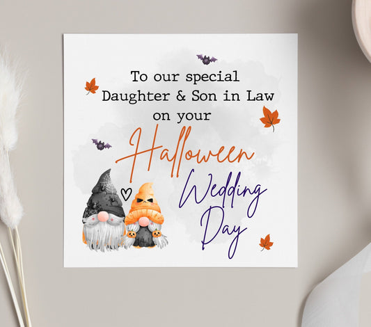 To our Son and daughter in law on your Halloween wedding day, best friends wedding card with Halloween gonks, Halloween 2023 cards