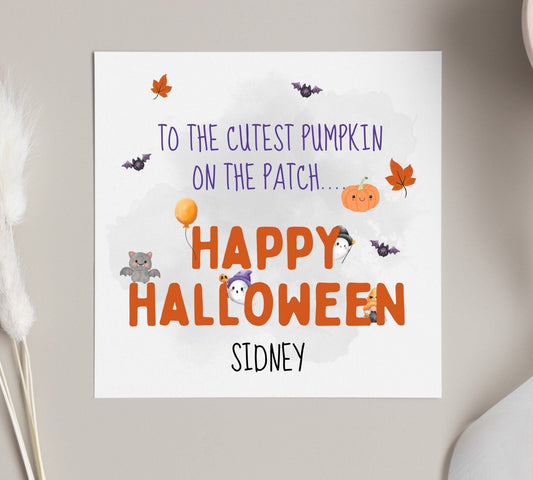 Children’s Happy Halloween card, personalised Halloween 2023 card for baby, child and grandchildren, cutest pumpkin on the patch