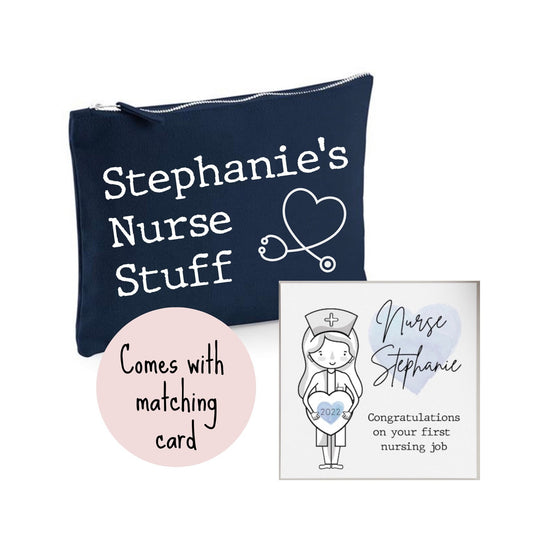 Nurse stuff pouch, personalised nursing gift, nurse graduation present, congratulations on first nursing job gift and card