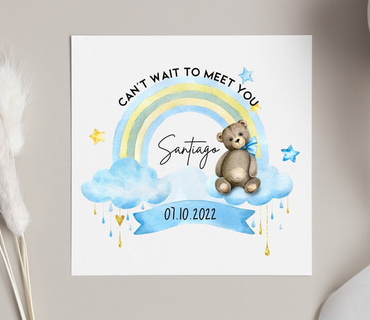 Can’t wait to meet you baby boy card, blue rainbow card for newborn baby, daughter had a baby, new grandson greeting card
