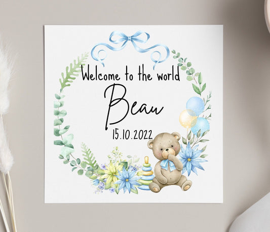 Welcome to the world baby boy card, blue bear eucalyptus greenery newborn baby, daughter had a baby, new grandson greeting card