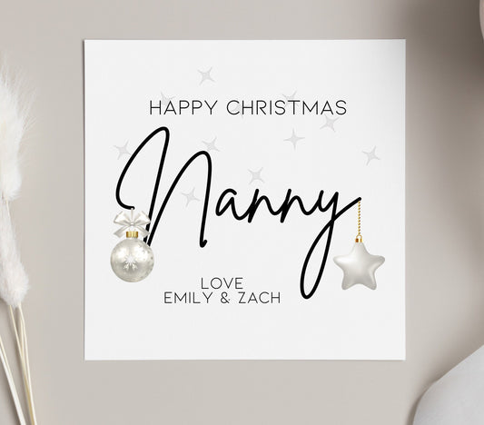 Merry Christmas Nanny card, personalised Xmas card to nanny from the children. Grandparents Christmas greeting card