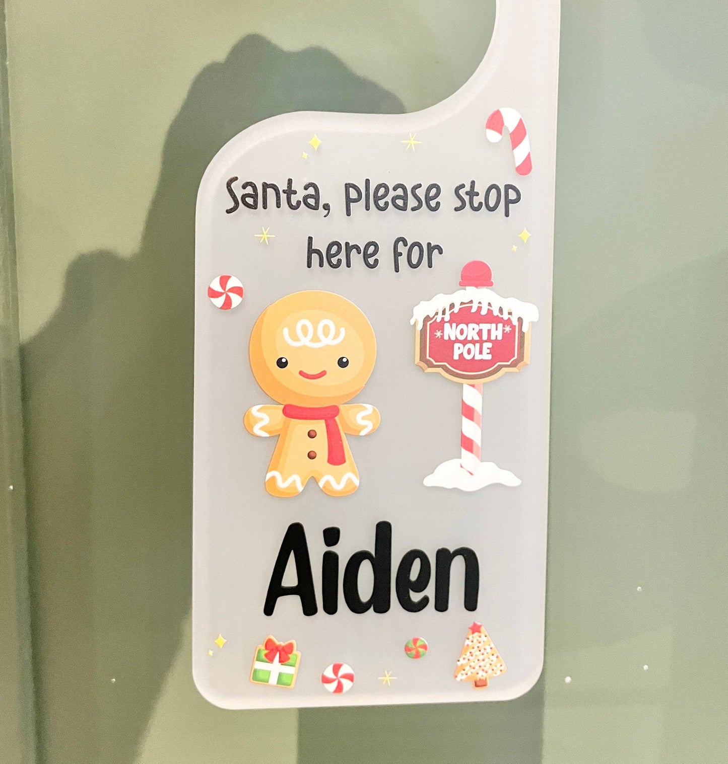 Personalised Santa stop here door hanger for children on Christmas Eve