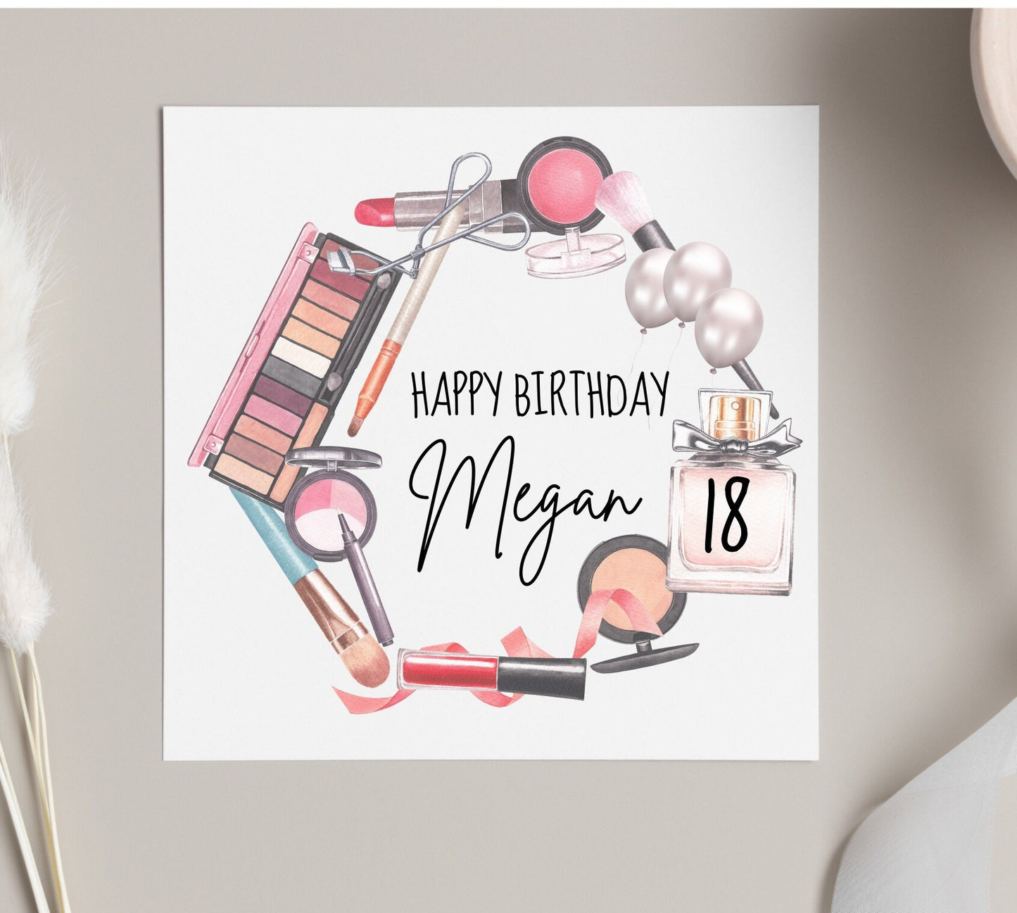 Teenage girl personalised birthday card with name and age, make up and perfume lover greeting card for 16th, 17th,18th birthday