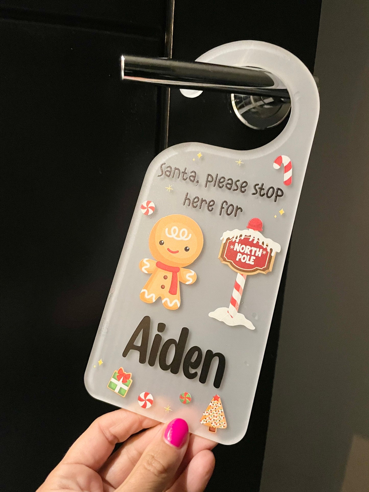 Personalised Santa stop here door hanger for children on Christmas Eve