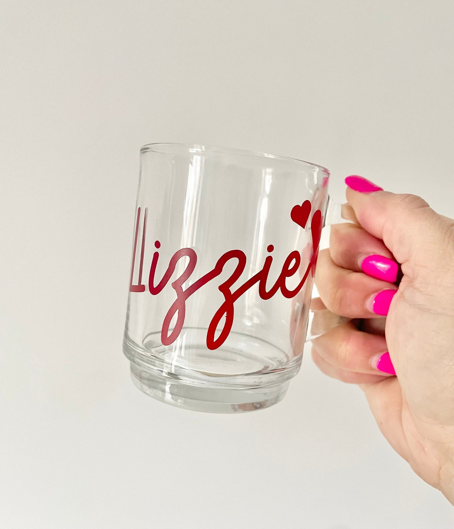 Personalised glass coffee and tea mug for Valentine’s Day, name and heart cup, Mother’s Day gift