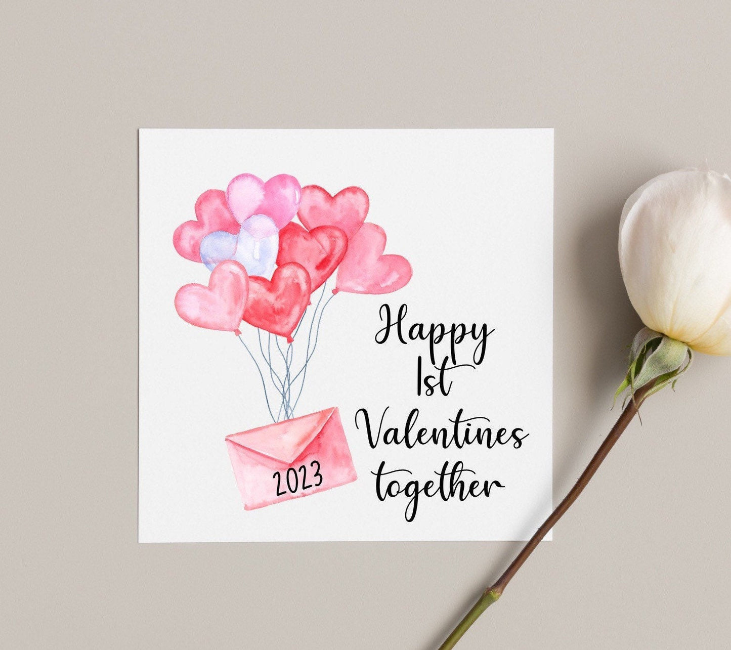 Happy first Valentine’s together in 2023 greeting card for new boyfriend and girlfriend. Valentine’s Day cards for first year couples