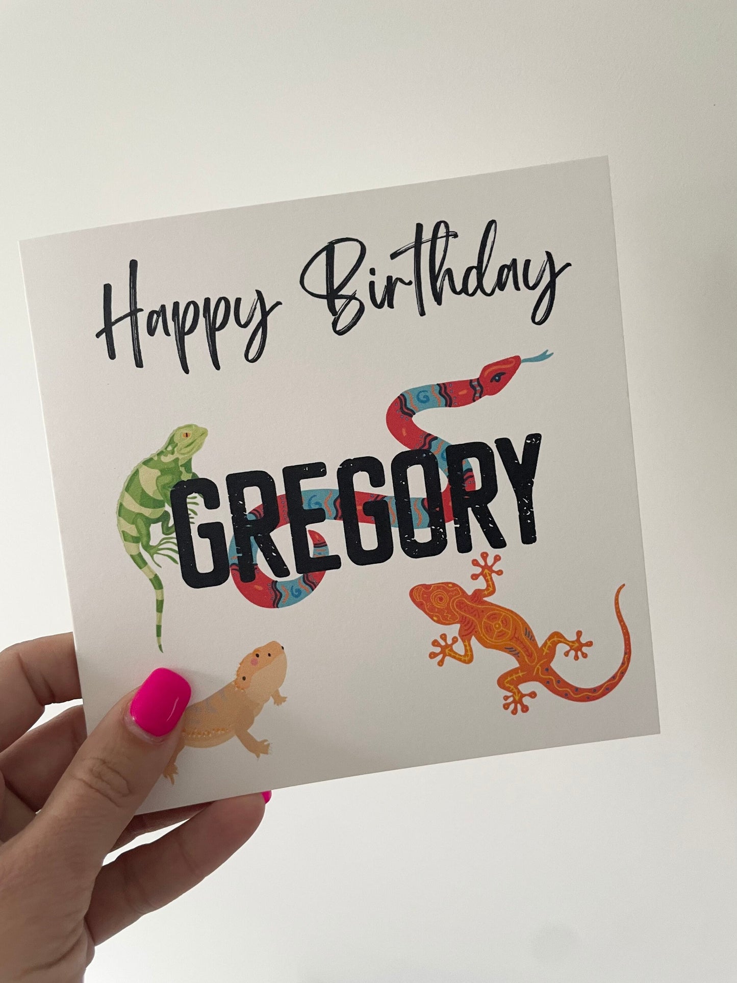 Boys personalised birthday card, reptile theme birthday card, snake, bearded dragon, chameleon design card, kids reptile party