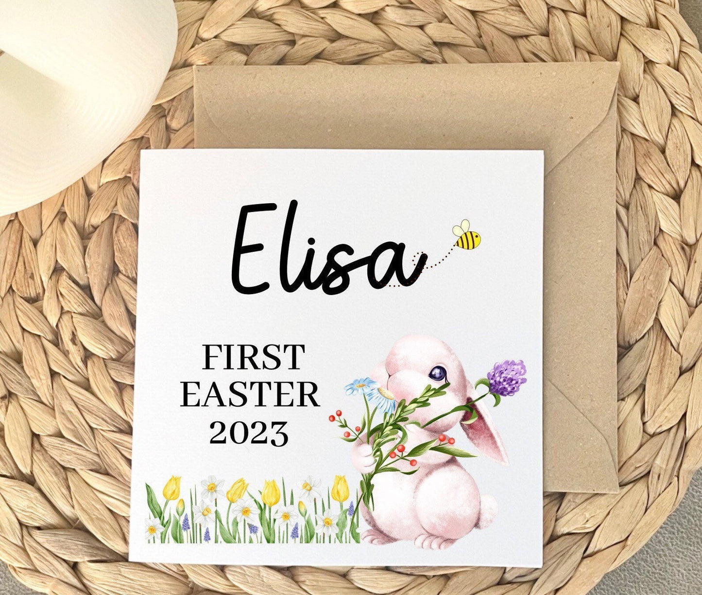Baby first Easter 2023 card, personalised bunny rabbit spring flowers card to give to daughter or granddaughter on their first Easter