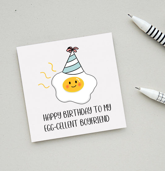 Personalised birthday Card for egg-cellent boyfriend, husband, brother, son or dad. Funny Foody theme bday cards