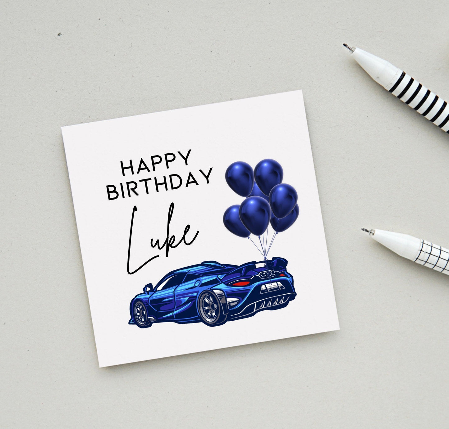 Personalised sports car birthday Card for men, blue race car and balloons card for husband, boyfriend, brother, uncle, dad,friends colleague