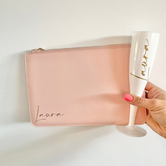 White champagne flute and clutch bag, personalised gift set for bridesmaids, bridesmaid proposal gift set bag and flute
