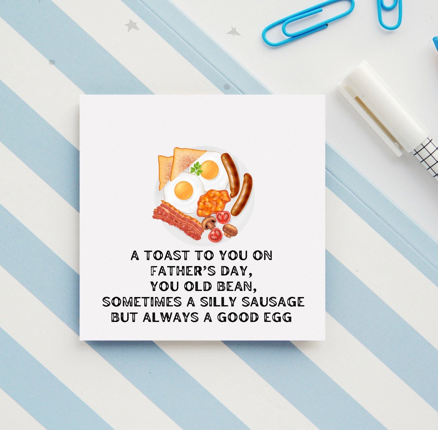 Funny Father’s Day card for dad, cheeky card for dads who love an English breakfast, old bean, silly sausage, good egg jokey dad card