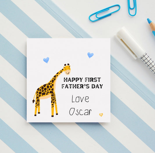 Happy first Father’s Day from baby to new dad. Personalised greeting card for daddy on his 1st Father’s Day. Giraffe theme daddy card