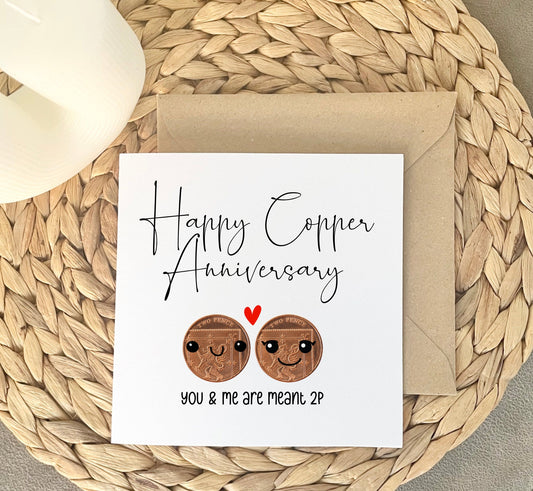Seventh anniversary card, copper wedding anniversary card for wife or husband on seven years married, copper coin card