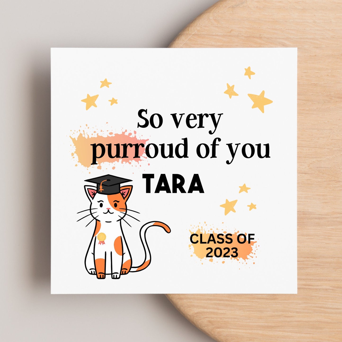 Purr-oud of you, very proud of you card. Personalised funny cat card for graduating from university, class of 2023 graduation card