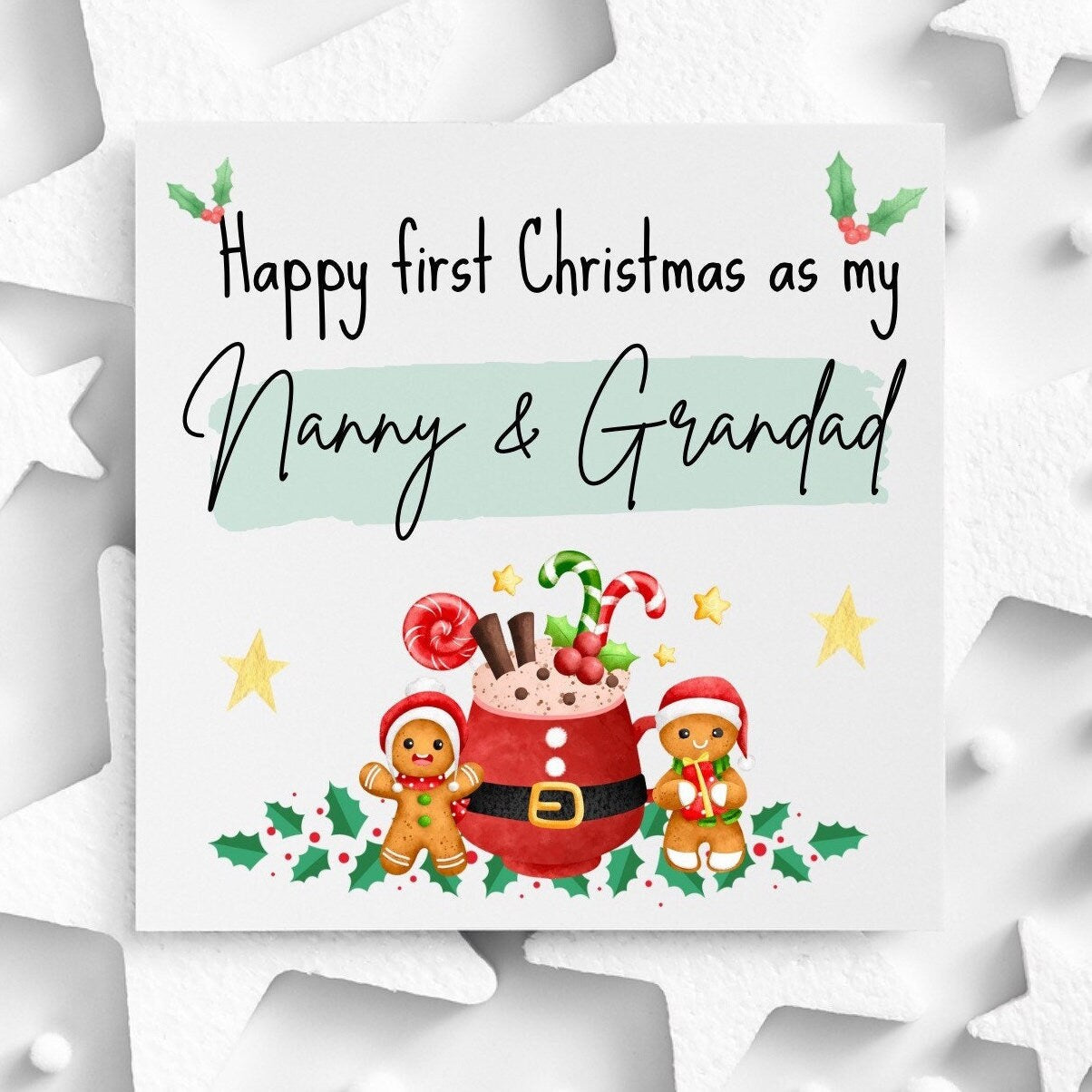 Happy first Christmas as my nanny and grandad greeting card, baby first Christmas card to send to grandparents. Nan, granny, grandpa, Nona