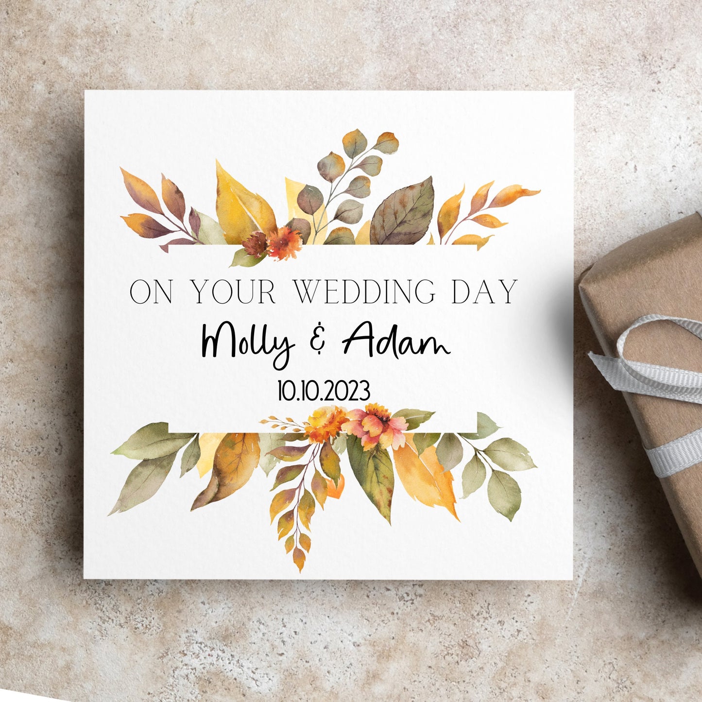 On your wedding day, autumn / fall wedding card personalised couples name and wedding date, autumn leaves