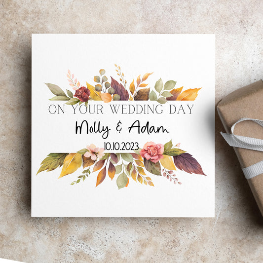 On your wedding day card, autumn / fall wedding card personalised couples name and wedding date, October / November wedding card