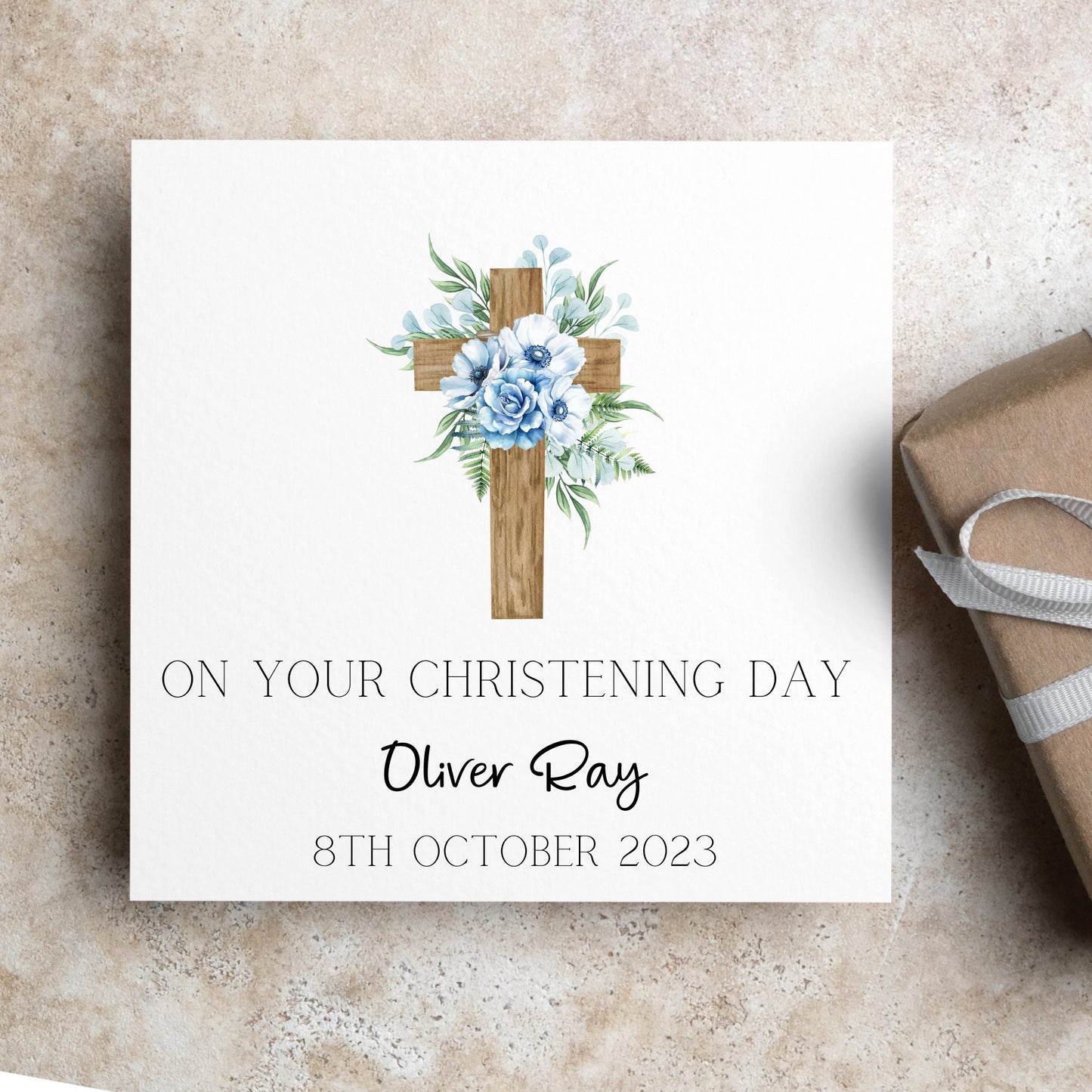 On your Christening day card, personalised, named Christening card for boys. Blue floral cross. Godson, nephew, grandson cards.