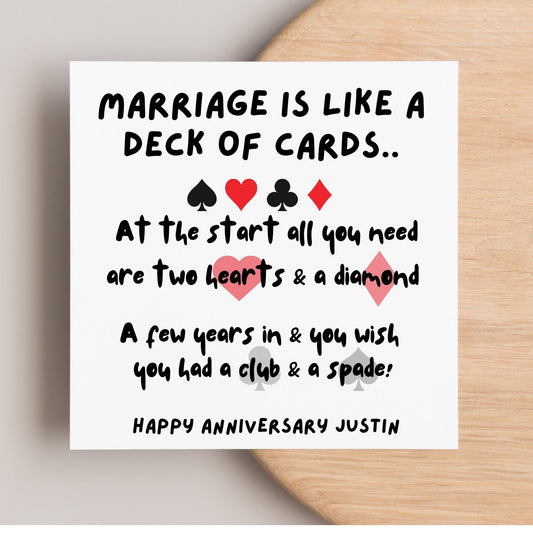 Marriage is like a deck of cards, funny anniversary card for husband and wife, personalised, cheeky wedding anniversary cards