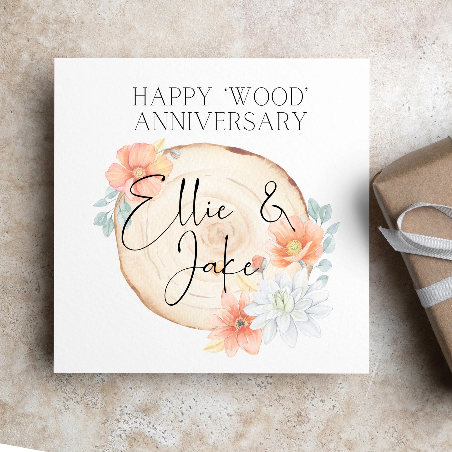 Fifth anniversary card,Autumn wood wedding anniversary card for wife or husband on five years married, autumn flowers and log