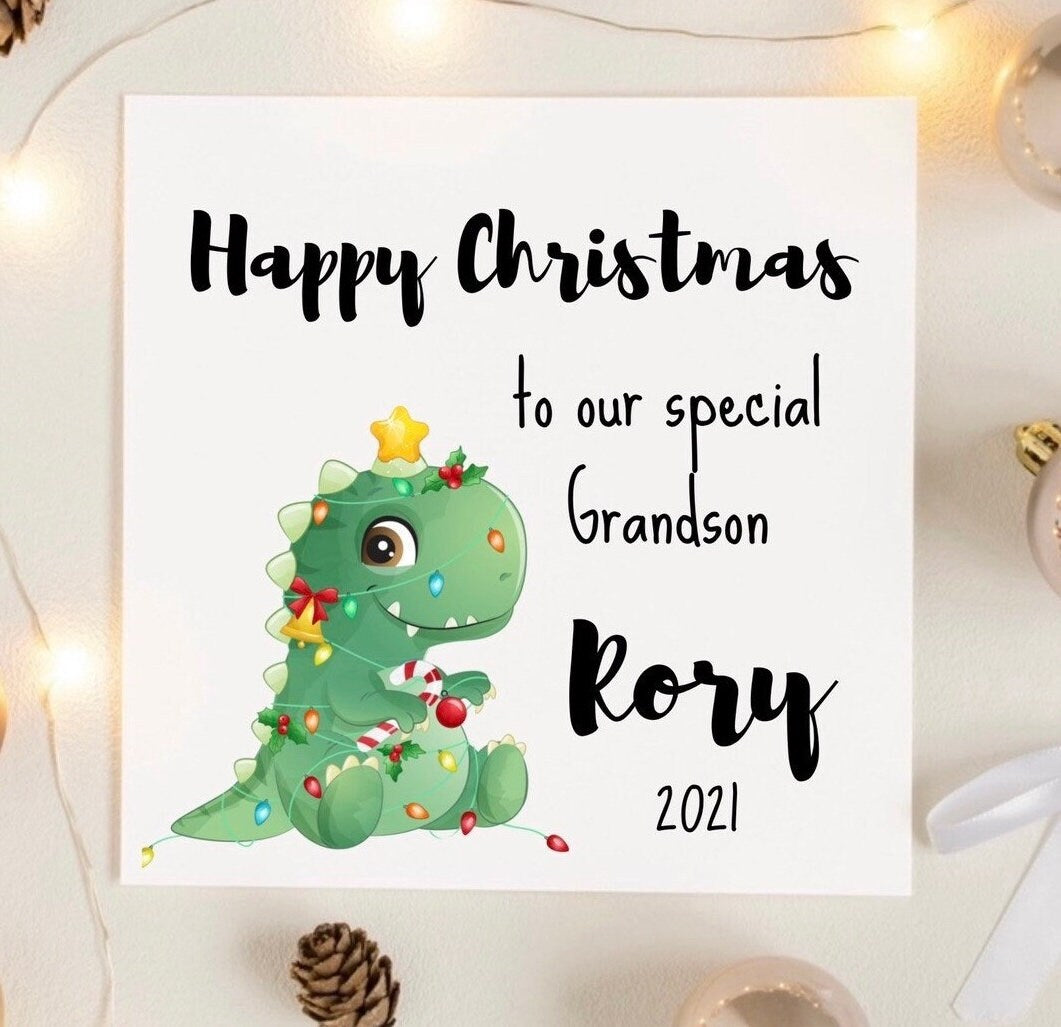 Happy Christmas to our grandson card, personalised dinosaur Christmas cards for grandkids, dino card, nephew Xmas card