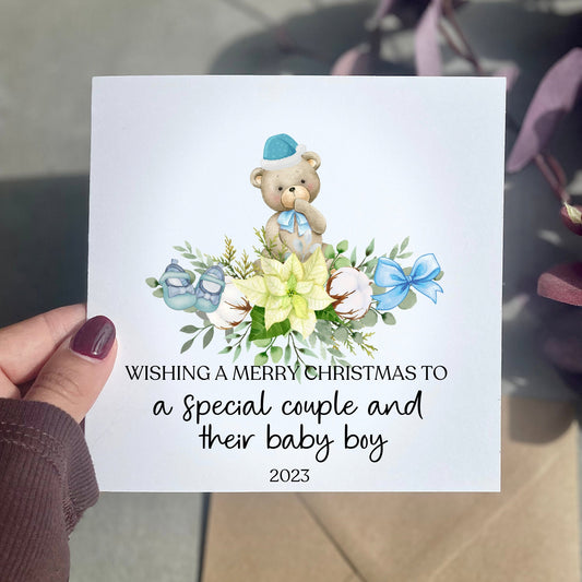 Merry Christmas to a special couple and their baby boy 2023 greeting card, new parents Xmas cards, baby first christmas, newborn card