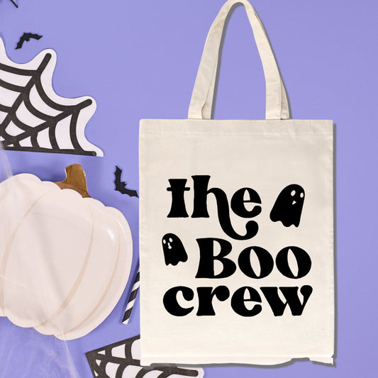 The boo crew, halloween tote bag, trick or treat bag, autumn/  fall reusable shopping bag, neutral canvas tote long handles