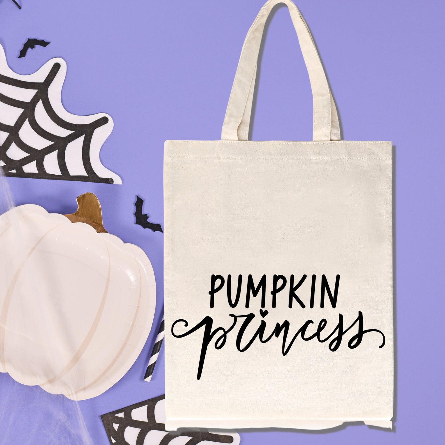 Pumpkin princess halloween tote bag, trick or treat bag, autumn/  fall reusable shopping bag, neutral canvas tote long handles