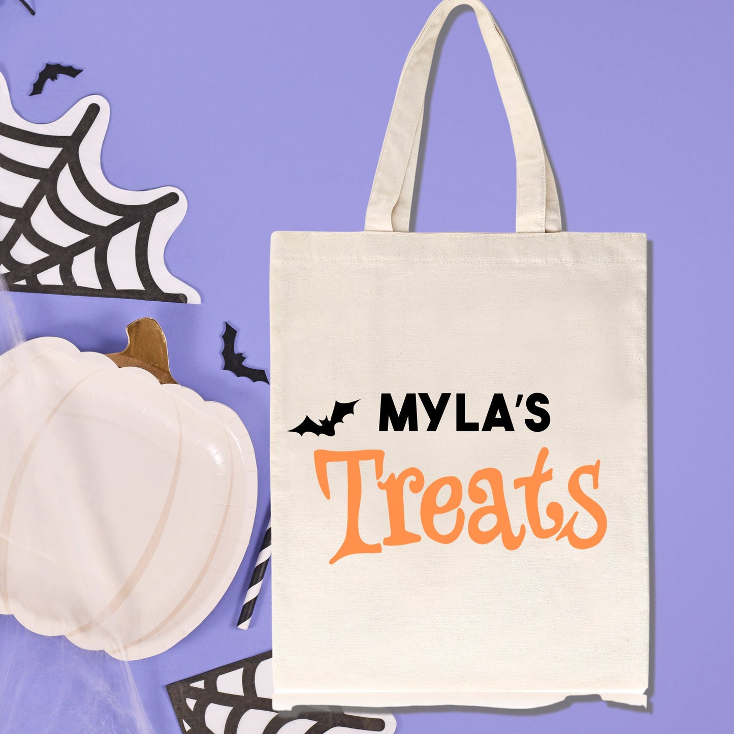 Personalised Treats halloween tote bag, children trick or treat bag, autumn/  fall reusable shopping bag, neutral canvas tote long handles