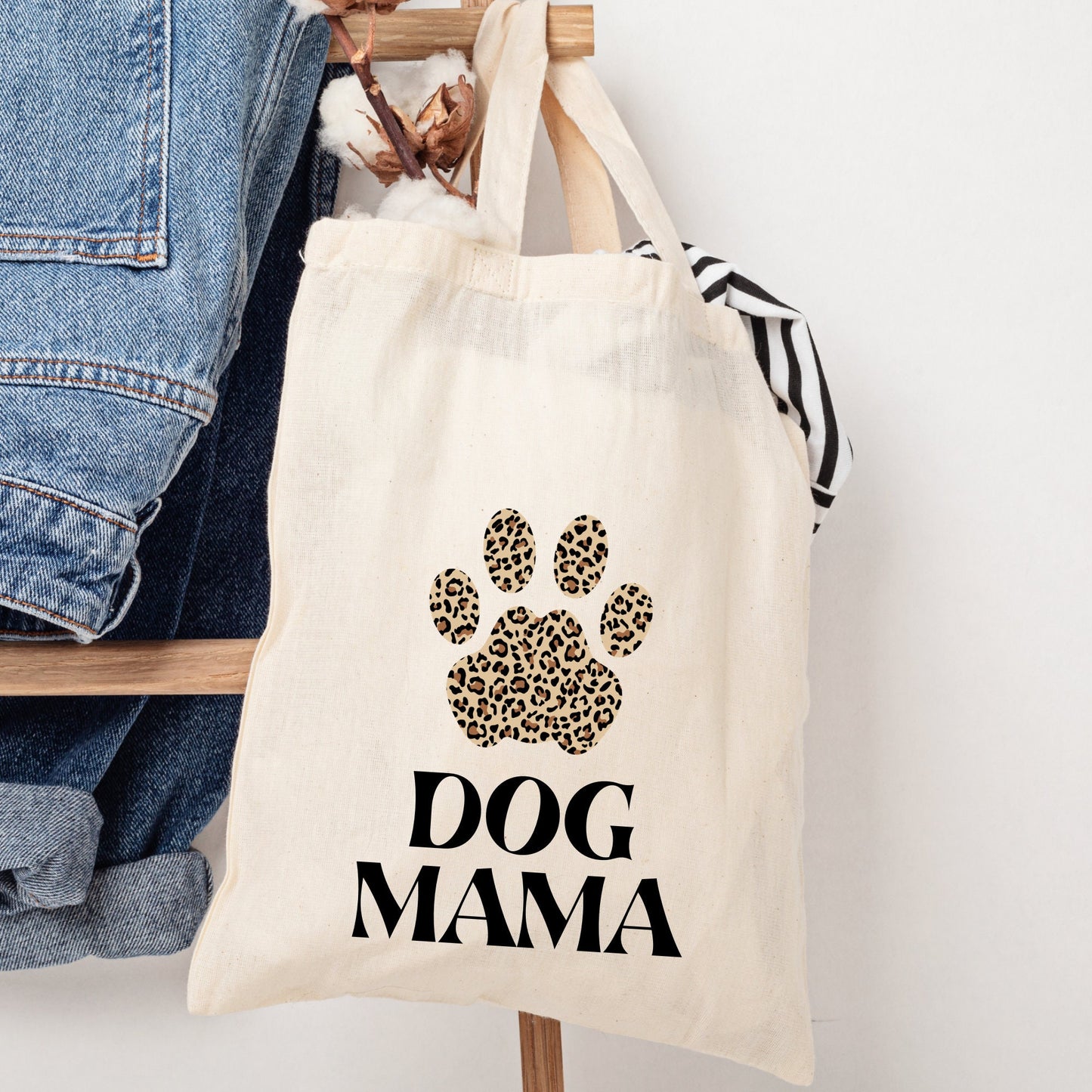 Dog Mama tote bag, Leopard print paw, Christmas gift dog mum, reusable cotton canvas shopping bag, Christmas gift for dog owners
