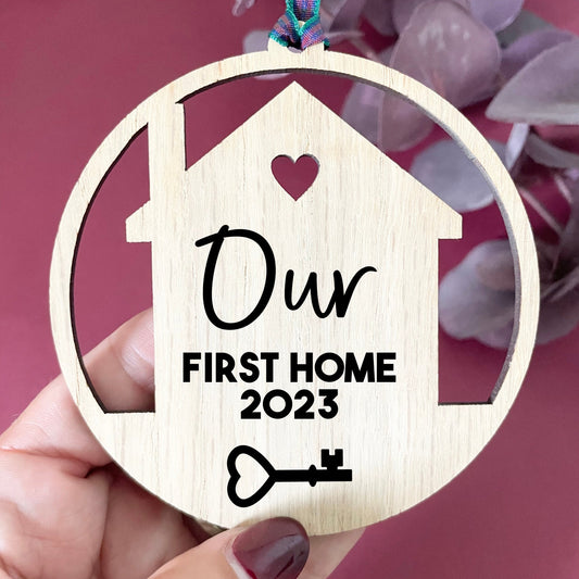 Our First Home Christmas tree Decoration, Housewarming Xmas gift, first Christmas in new house together, oak veneer house shape Christmas