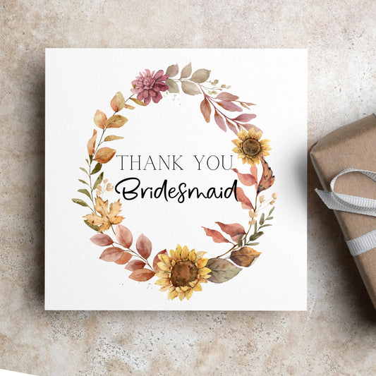 Thank you card, thanks bridesmaid, autumn / fall wedding thank you cards, personalised card, sunflower autumn flower wedding