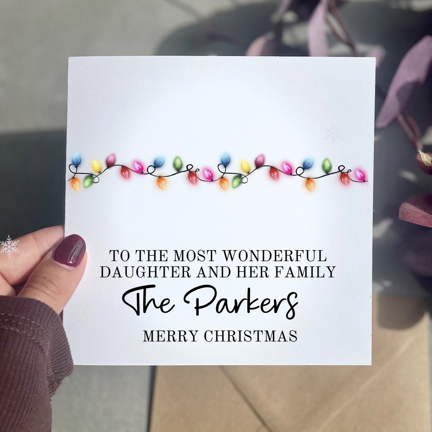 To a wonderful son and his family Christmas card, personalised Christmas card for our daughter and her family. Xmas greeting card